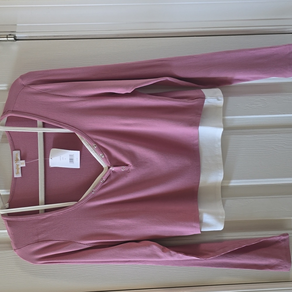 SUGAR MOON BRAND WOMENS JUNIOR SIZE LONG SLEEVES MAUVE RIBBED & WHITE TANK SZ XL